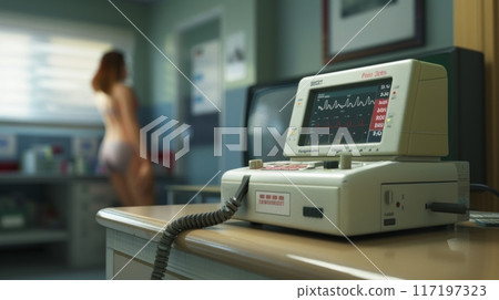 electrocardiogram machine sits on a table in a hospital room, displaying a rhythmic heartbeat. An athlete stands near a window in the background, out of focus. 117197323