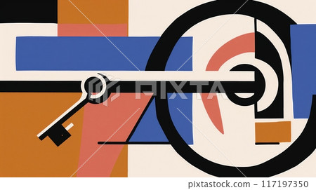 key is positioned at the center of a circular keyhole, surrounded by colorful geometric shapes. 117197350
