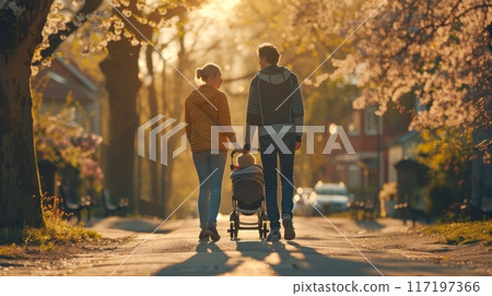 young couple strolls through a park, hand in hand, pushing a stroller with their child as the golden hour illuminates the scene. 117197366