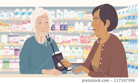 elderly woman has her blood pressure measured by another elderly woman at a pharmacy. 117197399