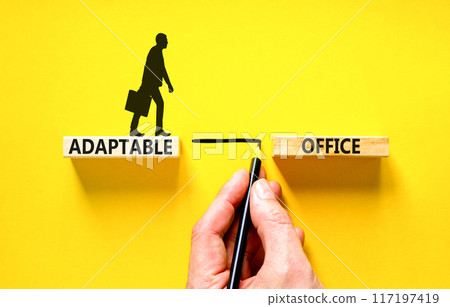 Adaptable office symbol. Concept words Adaptable office on beautiful wooden block. Businessman icon. Businessman hand. Beautiful yellow background. Business Adaptable office concept. Copy space. 117197419