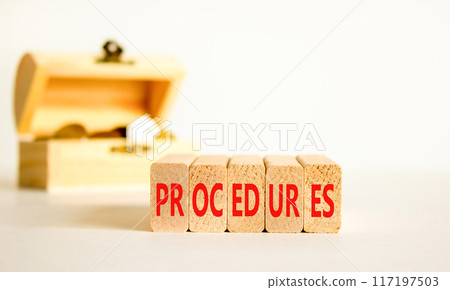 Procedures symbol. Concept word Procedures on beautiful wooden blocks. Beautiful white background. Beautiful wooden chest with coins. Business procedures concept. Copy space. 117197503