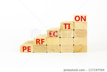 Perfection symbol. Concept word Perfection on beautiful wooden blocks. Beautiful white background. Business perfection concept. Copy space. 117197504