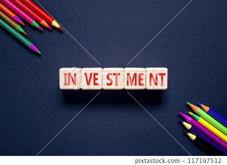 Investment symbol. Concept word Investment on beautiful wooden cubes. Beautiful black background. Beautiful colored pencils. Business investment concept. Copy space. Investment symbol. Concept word Investment on beautiful wooden cubes. Beautiful black background. Beautiful colored pencils. Business investment concept. Copy space. 117197512