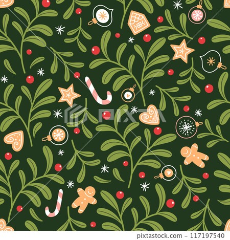 Seamless Christmas pattern with winter plants, gingerbread and Christmas decorations. 117197540