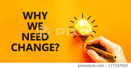 Why we need change symbol. Concept words Why we need change on beautiful orange paper. Beautiful orange background. Light bulb icon. Businessman hand. Business why we need change concept. Copy space. Why we need change symbol. Concept words Why we need change on beautiful orange paper. Beautiful orange background. Light bulb icon. Businessman hand. Business why we need change concept. Copy space. 117197603