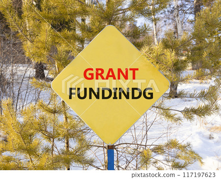 Grant funding symbol. Concept words Grant funding on beautiful yellow road sign. Beautiful forest snow blue sky background. Business and grant funding concept. Copy space. 117197623