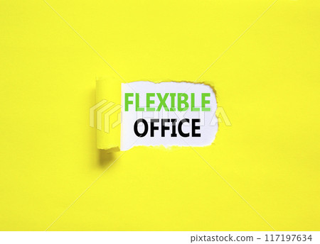 Flexible office symbol. Concept words Flexible office on beautiful white paper. Beautiful yellow paper background. Business Flexible office concept. Copy space. Flexible office symbol. Concept words Flexible office on beautiful white paper. Beautiful yellow paper background. Business Flexible office concept. Copy space. 117197634