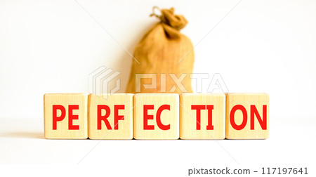 Perfection symbol. Concept word Perfection on beautiful wooden blocks. Beautiful white background. Beautiful canvas bag. Business perfection concept. Copy space. 117197641