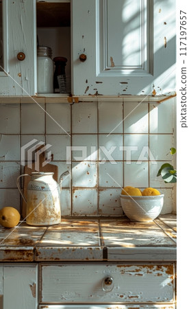 Rustic kitchen with vintage decor. Interior design photography. Country lifestyle concept. Rustic kitchen with vintage decor. Interior design photography. Country lifestyle concept. 117197657