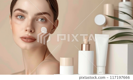Woman with Skincare Cream on Cheek. A woman with a dab of skincare cream on her cheek, surrounded by beauty products, showcasing natural skincare. 117197666
