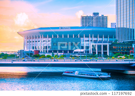 Yokohama cityscape in Japan, overlooking the K Arena in Minato Mirai, the Minato Mirai Bridge, and Sea Bass, August 7, 2024 Yokohama cityscape in Japan, overlooking the K Arena in Minato Mirai, the Minato Mirai Bridge, and Sea Bass, August 7, 2024 117197692