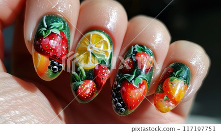 Close-up of nails with fruit-themed nail art design. High-detail photography of strawberry, lemon, and berry nail decorations. 117197751