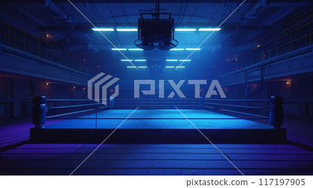 boxing ring stands empty under the glow of spotlights, casting an ethereal blue hue onto the worn canvas and ropes. Smoke hangs low, adding an air of anticipation. boxing ring stands empty under the glow of spotlights, casting an ethereal blue hue onto the worn canvas and ropes. Smoke hangs low, adding an air of anticipation. 117197905
