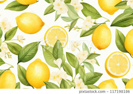 Seamless lemon watercolor pattern with a vintage summer vibe. 117198186