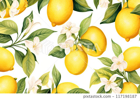 Seamless lemon watercolor pattern with a vintage summer vibe. 117198187