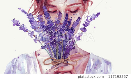 A watercolor illustration depicting a tranquil woman surrounded by lavender flowers with a sense of grace and calmness 117198267