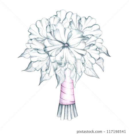 A bouquet of white flowers with a pink ribbon is the bride's wedding bouquet. Handmade watercolor illustration. For greeting and invitation cards, banners, flyers and posters, packaging, labels. 117198541