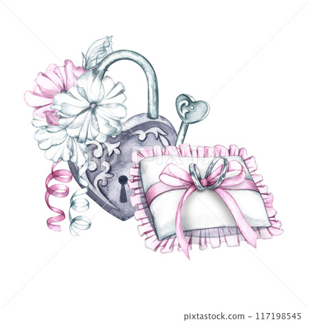 A heart-shaped castle decorated with flowers and wedding rings on a cushion. Wedding attributes for the observance of traditions. Hand-made watercolor illustration, isolated. A symbol of continuity. A heart-shaped castle decorated with flowers and wedding rings on a cushion. Wedding attributes for the observance of traditions. Hand-made watercolor illustration, isolated. A symbol of continuity. 117198545