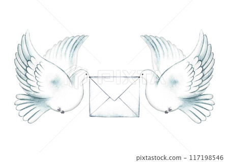 White carrier pigeons holding an envelope. A hand-drawn watercolor illustration. Isolate him. The symbol of mail, notifications, greetings and invitations. For banners and flyers, postcards, posters. White carrier pigeons holding an envelope. A hand-drawn watercolor illustration. Isolate him. The symbol of mail, notifications, greetings and invitations. For banners and flyers, postcards, posters. 117198546