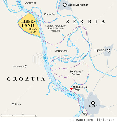 Free Republic of Liberland, political map, with ARK Liberland Village near Apatin. Micronation in Europe claiming uninhabited parcel of land Gornja Siga on Danube, disputed between Croatia and Serbia. 117198548