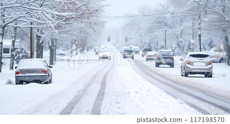 Snow-covered road with vehicles driving through winter storm 117198570