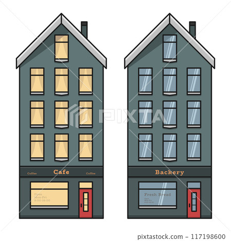old european house apartment building front view with cafe bakery vector flat illustration 117198600