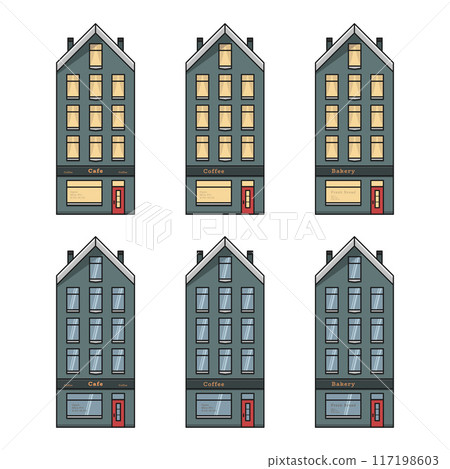 old european house apartment building front view with cafe bakery set vector flat illustration 117198603