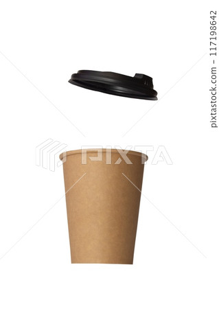 Disposable craft paper coffee cup with black cover isolated on white background, mock up Disposable craft paper coffee cup with black cover isolated on white background, mock up 117198642
