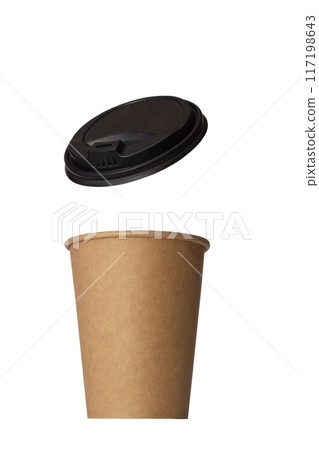 Disposable craft paper coffee cup with black cover isolated on white background, mock up 117198643