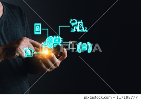 man holding smart AI chatbot and command prompt.Big data storage.Digital Artificial Intelligence technology disruption concept.We are implementing automated tech support and service in the business. man holding smart AI chatbot and command prompt.Big data storage.Digital Artificial Intelligence technology disruption concept.We are implementing automated tech support and service in the business. 117198777