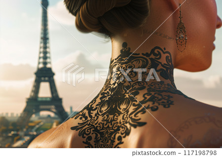 Close up of neck with an intricate black henna tattoo 117198798