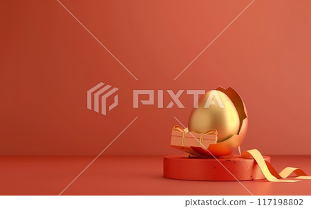 3d rendering of golden egg with gift box on podium stand isolated on pastel red background. 117198802