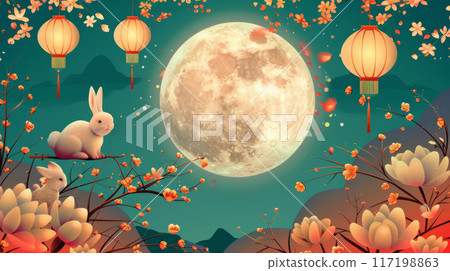 Moon festival scene with full moon, rabbit, lanterns, cherry blossoms and birds 117198863