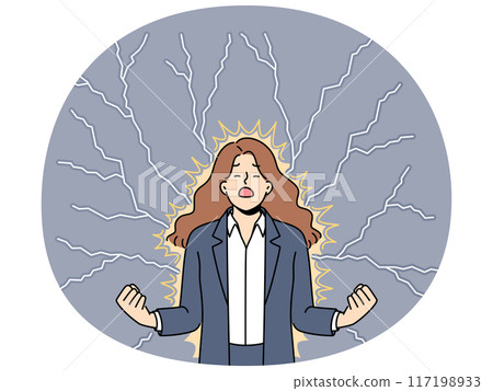 Young angry woman stands among lightning bolts and is nervous about problems affecting company Young angry woman stands among lightning bolts and is nervous about problems affecting company 117198933