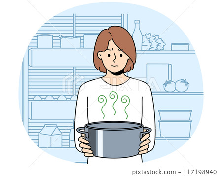 Frustrated woman housewife with pot of sour soup, feels bad smell from food spoiled Frustrated woman housewife with pot of sour soup, feels bad smell from food spoiled 117198940