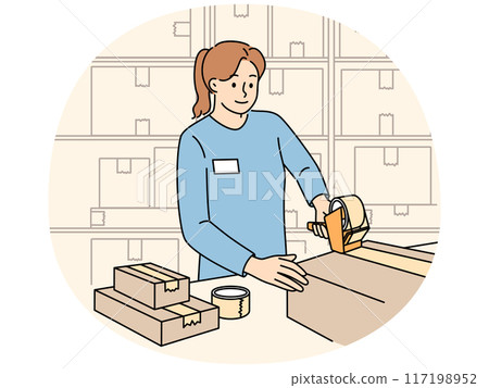 Woman works in warehouse packing parcels and sealing boxes while performing duties as storekeeper 117198952