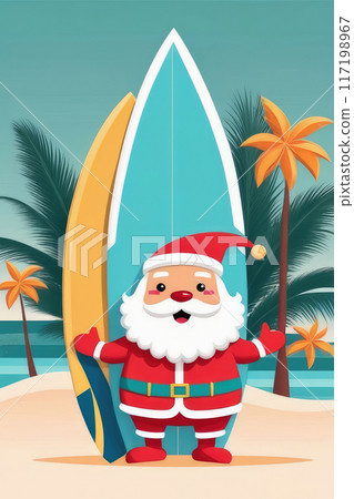Tropical surfing with Santa on tropical beach in Christmas. Tropical surfing with Santa on tropical beach in Christmas. 117198967