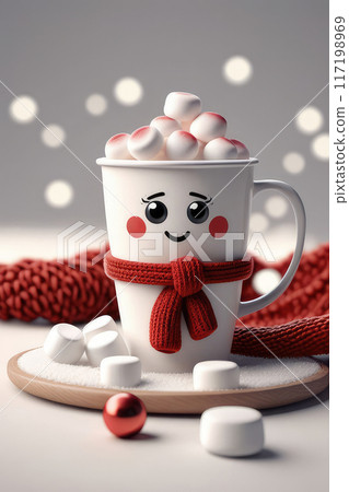 Cute coffee cup with red knitted scarf on a winter christmas background with bokeh. Cute coffee cup with red knitted scarf on a winter christmas background with bokeh. 117198969
