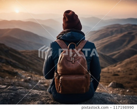 Man watching the sunrise on top of a mountain Man watching the sunrise on top of a mountain 117198990