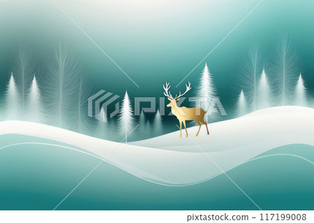 Vector abstract design template from Christmas background with raindeer winter forest, snow in turquoise and gold colors. 117199008