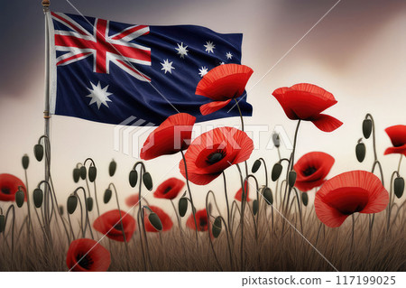 Anzac day with the scene of a australian flag and field of red poppies. 117199025