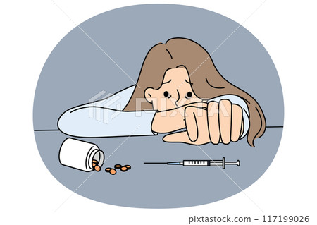 Woman addicted to drugs reaches for syringe or pills to forget about financial problems 117199026