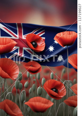 Anzac day with the scene of a australian flag and field of red poppies. 117199027