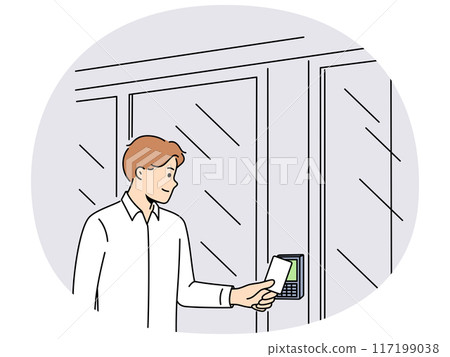 Business man uses key card for open electronic lock on door and gain access to office space 117199038