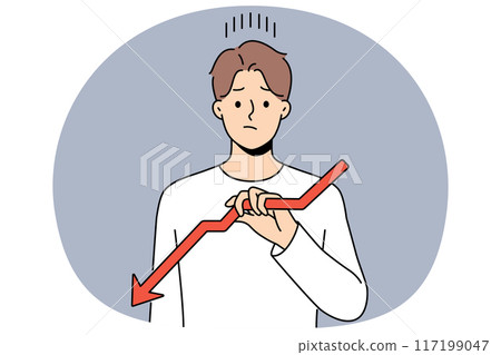 Sad man holds declining chart symbolizing beginning crisis and financial recession affecting income 117199047