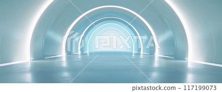 3d render of an empty futuristic tunnel with light blue walls and white floor 117199073