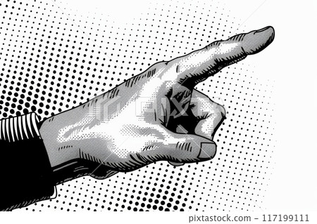Human hand pointing forward in halftone texture, dotted pop art style, solid white background. 117199111