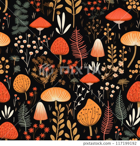 Visualizing Forest seamless Patterns in Autumn, with Vibrant Trees against Dark Background, for a natureinspired design 117199192