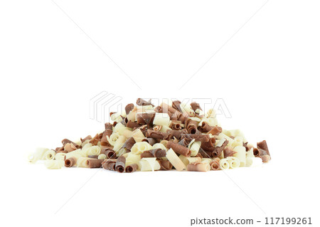 Culinary chocolate shavings for decorating culinary products, isolated on white background. Culinary chocolate shavings for decorating culinary products, isolated on white background. 117199261